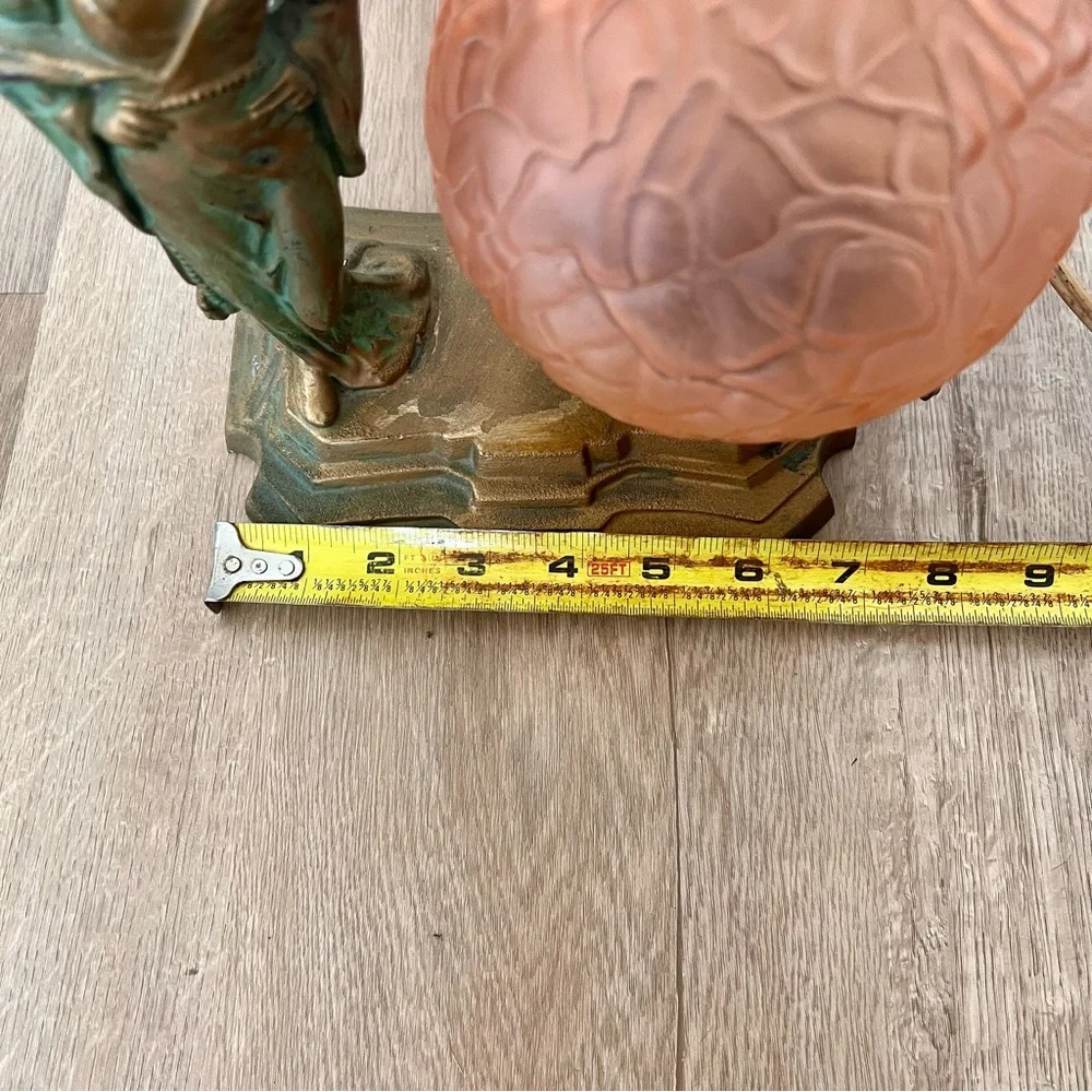 Antique C1920 Art Deco Brass Table Lamp, Women & Textured Pink Glass Globe Shade